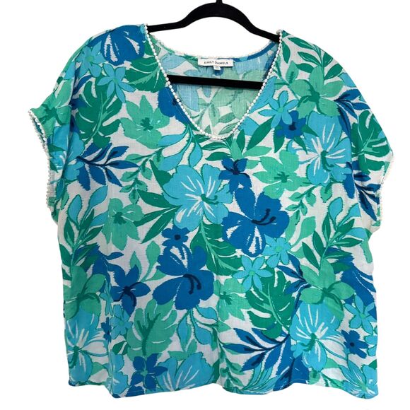 Emily Daniels Tops - Emily Daniels Size XL Linen Blend Blue Floral Short Sleeve Blouse Tropical Beach